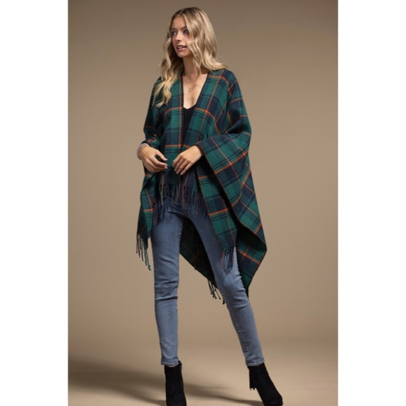 SOLD OUT Teal Plaid Blanket Ruana Knit Fall Winter Fringe Open Poncho Wrap - Picture 4 of 6